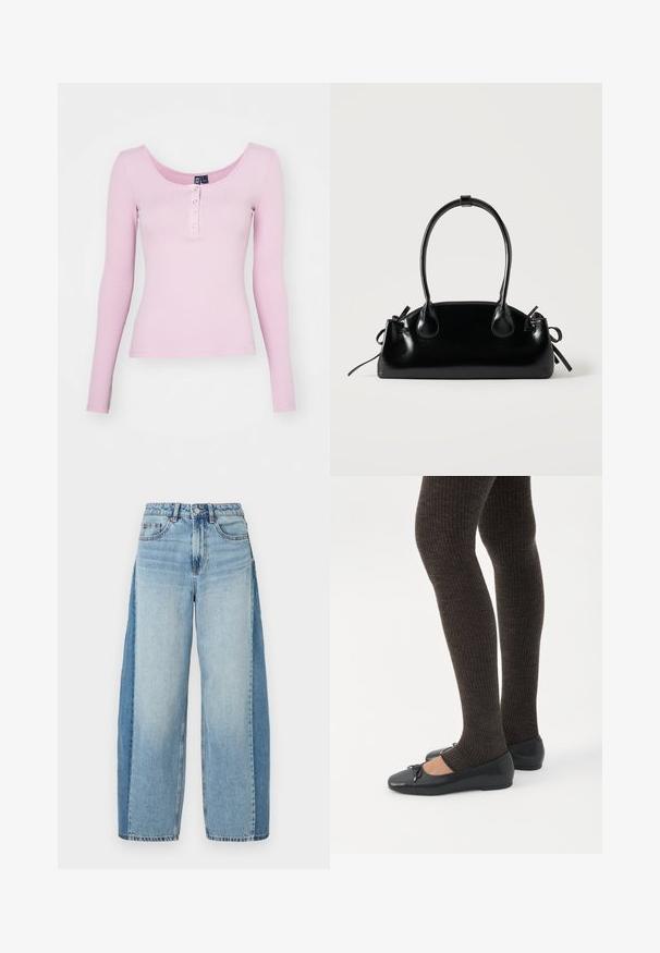 Roze geribbeld langemouwen top met een ronde hals en vijf drukknoopjes aan de voorkant. Glad textuur met een getailleerd ontwerp.; Lichtblauwe denim wijde jeans met een vervaagde afwerking, vijf zakken, knoopsluiting en rafelige zomen. Versleten textuur en stiksels als accenten.; Benen met donkere geribbelde leggings gecombineerd met zwarte ballerina's met kleine strikdetails op een witte achtergrond.; Kleine zwarte glanzende handtas met twee lange hengsels en zijkant trekkoord details op een effen lichte achtergrond.