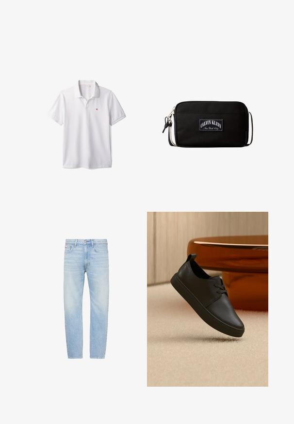Witte poloshirt met korte mouwen, kraag en klein rood "cK" logo op de linkerborst.; Lichtblauwe jeans met rechte pijpen, vijf zakken, knoopsluiting en vervaagde waseffecten op dijen en knieën.; Zwarte leren casual sneaker met veters, zwevend boven een beige tapijt, met een amberen glazen ronde tafel op de achtergrond.; Zwarte rechthoekige crossbodytas met wit patch-logo "Calvin Klein New York City" en verstelbare riem met metalen gesp.