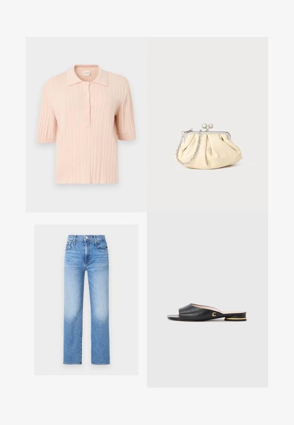 Polo en maille rose pâle à manches courtes avec texture côtelée, patte de boutonnage à trois boutons et col doux. Tissu lisse, coupe décontractée.; Jean en denim bleu taille haute, coupe droite, avec poches avant, passants pour ceinture, bouton, et détails délavés sur les cuisses et les genoux.; Sandale à glissière en cuir noir avec bout ouvert, petit talon et détail accent doré sur le côté. Texture lisse et design minimaliste.; Pochette en cuir beige plissé avec un cadre en métal argenté, dotée de deux fermoirs ronds décoratifs et d'une chaîne en argent.