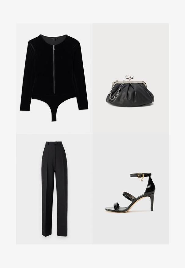 Bodysuit en velours noir avec des manches longues, un col rond et une fermeture éclair à l'avant ; présente un bas tanga et une texture lisse.; Pantalons taille haute noirs avec des plis, dotés d'un design ajusté et de jambes droites. Fabriqués dans un tissu lisse, avec un minimum de détails.; Sandale en cuir verni noir avec trois brides, boucle de cheville et talon aiguille de 10 cm. Présente un détail en métal doré et un charm logo.; Porte-monnaie en cuir noir avec texture froncée, cadre en métal argenté, fermeture à verrouillage kiss-lock et bandoulière en chaîne. Surface lisse et douce.