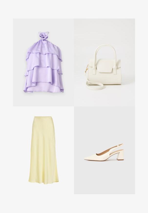 Lilla, lagd top i let stof med en rynket design og en rose-formet detalje ved halsudskæringen. Glat tekstur, uden ærmer.; Lang, sart gul satin nederdel med let vidde og glat tekstur, vist mod en hvid baggrund.; Slingback-pumpe i blank cremefarvet laklæder, med spids snude og kraftig firkantet hæl for stabilitet. Minimalistisk design uden pynt.; Lille hvid håndtaske med dobbelte håndtag, frontklap og aftagelig skulderrem med guldlås på hvid baggrund.