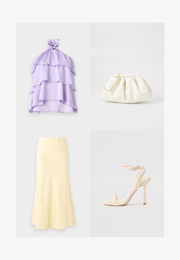 Haut lilas en couches fabriqué en tissu léger avec un design froncé et un accent en forme de rose au niveau du col. Texture lisse, sans manches.; Jupe longue jaune pâle avec un léger évasement en bas, présentant une texture lisse et une taille élastique.; Sandale à talon haut beige avec une sangle fine autour de la cheville et un bout carré. Matériau synthétique lisse, design minimaliste et talon aiguille.; Sac à main en cuir blanc avec un design plissé, doté d'une bandoulière en chaîne dorée et d'une forme arrondie. Texture lisse avec des plis doux et sans motifs.