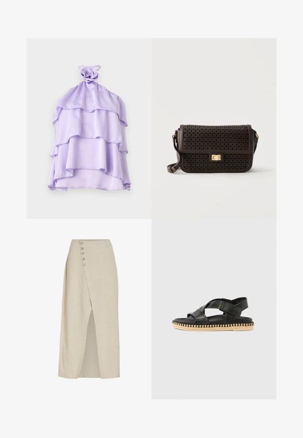 Top de color lila, con capas, hecho de un tejido ligero, con un diseño con volantes y un acento en forma de rosa en el escote. Textura suave, sin mangas.; Falda midi envolvente beige con abertura frontal y cuatro botones a lo largo de la cintura izquierda, hecha de tejido texturizado.; Sandalia de cuero negra con tiras cruzadas, cierre de velcro en el tobillo y suela plataforma tejida beige sobre fondo blanco.; Bolso bandolera de cuero marrón con patrón floral troquelado, cierre dorado rectangular de giro y correa de hombro ajustable.
