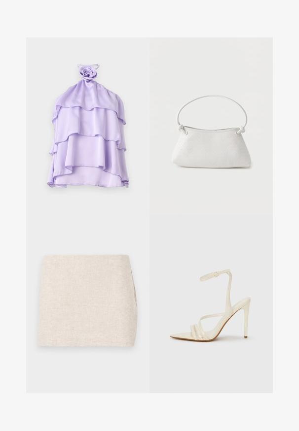 Lilla, lagd top i let stof med en rynket design og en rose-formet detalje ved halsudskæringen. Glat tekstur, uden ærmer.; Beige linnedyr med et minimalistisk design, der har en glat tekstur og en subtil vævning. Det har en lige, simpel skæring uden synlige lukninger.; Beige sandaler med høje hæle og spids tå, med tre stropper foran og en tynd ankelrem med spænde. Glat tekstur, minimalistisk design.; Hvid fletlæderhåndtaske med afrundet håndtag og ender på remmen, der er knyttet, vist mod en ensfarvet baggrund.