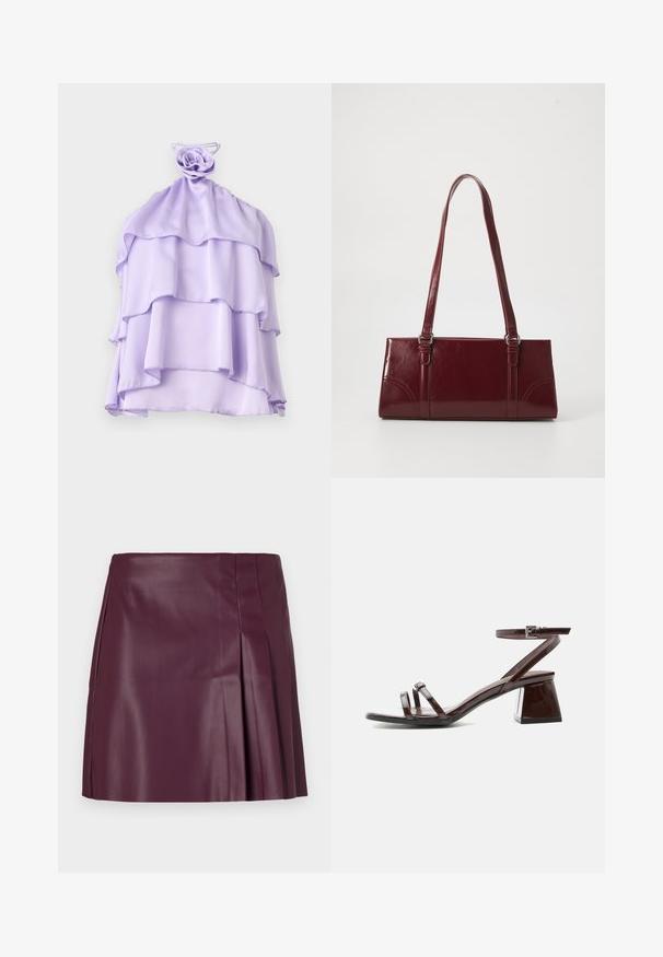 Lilla, lagd top i let stof med en rynket design og en rose-formet detalje ved halsudskæringen. Glat tekstur, uden ærmer.; ONLY ONLARTZY Short - Mini skirts - mauve wine; Mørkebrune laklædersandal med blokhæl, ankelrem med spænde og to tynde remme over tæerne på hvid baggrund.; Bordeaux håndtaske lavet af glansfuldt materiale, rektangulær form, med to skulderremme og subtile buede detaljer på forsiden.