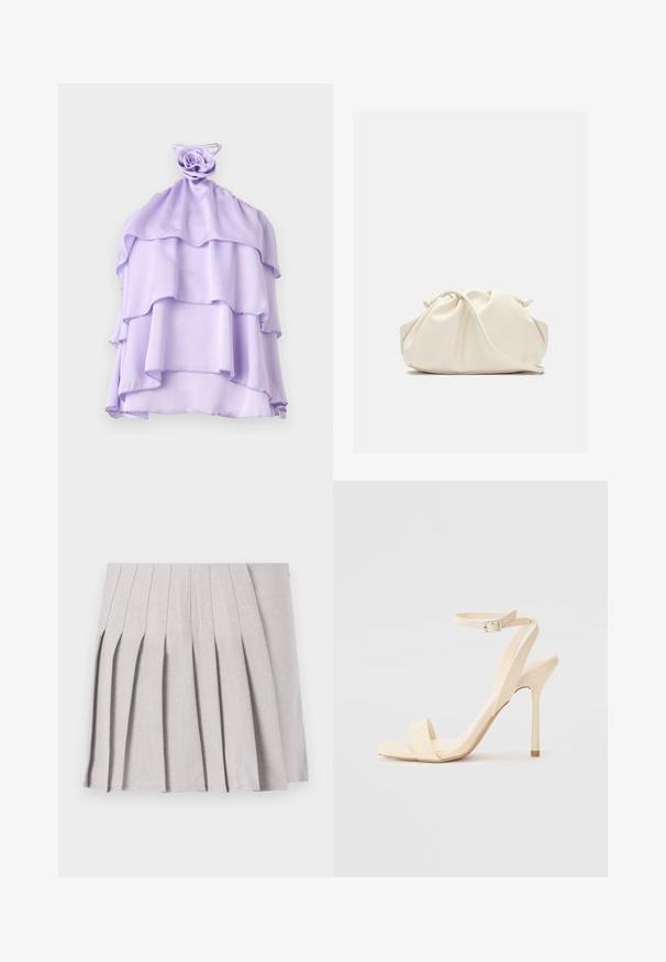 Lilla, lagd top i let stof med en rynket design og en rose-formet detalje ved halsudskæringen. Glat tekstur, uden ærmer.; Grå plisseret nederdel med en glat tekstur, der har flere lodrette folder og en tætsiddende talje. Fremstillet af letvægtsstof.; Beige højhælede sandaler med en slank ankelrem og firkantet tå. Glat syntetisk materiale, minimalistisk design og stiletto-hæl.; Blød, cremefarvet læder clutch taske med samlet, rynket design og en tynd skulderrem, der hviler foran på en ensfarvet baggrund.