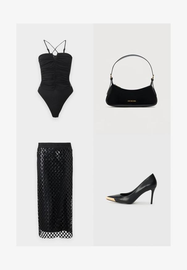Maillot de bain une pièce noir avec des bretelles croisées ajustables, un détail froncé à l'avant et des ouvertures de jambes haute. Texture lisse et design minimaliste.; Jupe midi noire avec superposition en treillis de sequins brillants et taille élastique ornée d'un logo embossé.; Pompe à talon haut en cuir noir avec bout pointu ; présente une accentuation métallique dorée sur le capuchon. Surface lisse avec un design épuré.; Sac à bandoulière en cuir verni noir de forme incurvée, logo doré "LOVE MOSCHINO" sur le devant, et bandoulière ajustable avec ferrures dorées.