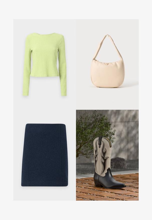 Top corto de manga larga en tejido verde claro texturizado con escote barco y silueta ligeramente entallada. Sin patrones ni acentos visibles.; Minifalda de lana en navy con forma recta, costuras planas y una textura suave. Sin patrones ni adornos visibles.; Botas de vaquero altas bicolor con puntera negra puntiaguda y un intrincado bordado de llamas beige y negro, colocadas sobre un suelo de ladrillo y grava al aire libre.; Bolso hobo beige hecho de material sintético suave, con forma curva, una sola asa y un logotipo sutil en la parte frontal. Cierre con cremallera.