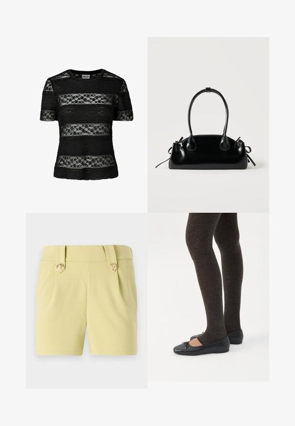 Haut noir à manches courtes avec des rayures horizontales alternant entre un tissu uni et une dentelle florale, doté d'un col rond.; Shorts jaune clair en tissu lisse, avec deux plis à l'avant et des boutons décoratifs dorés sur la taille. Design ajusté.; Jambes portant des leggings côtelés foncés associés à des ballerines noires avec de petits détails en nœud sur fond blanc.; Petit sac à main noir brillant avec deux longues anses et des détails à cordon sur les côtés sur un fond clair uni.