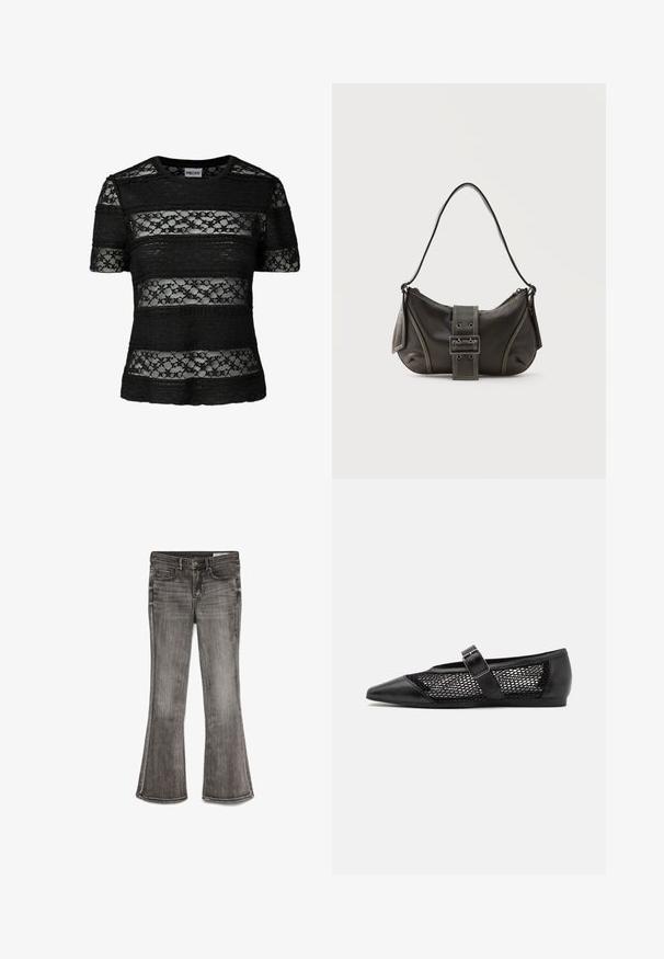 Haut noir à manches courtes avec des rayures horizontales alternant entre un tissu uni et une dentelle florale, doté d'un col rond.; Jean évasé en denim noir délavé avec une légère brillance. Dispose de cinq poches et de coutures contrastantes le long des bords.; Chaussure plate noire avec un bout pointu, panneaux latéraux en maille et une sangle avec une boucle décorative. Fini lisse sur les sections du bout et du talon.; Sac à épaule en cuir noir avec une sangle à boucle, des bords arrondis et des coutures blanches contrastées sur un fond uni.