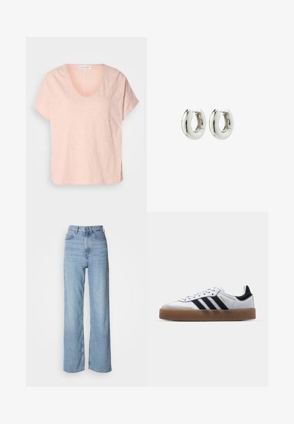 Lichtroze t-shirt met korte mouwen en een V-hals, voorzien van zijsplitten. Gemaakt van zacht, gestructureerd materiaal. Merklabel zichtbaar bij de halslijn.; Lichtblauwe high-waisted jeans met een rechte pijp, gemaakt van denim, met een sluiting aan de voorkant met knopen en subtiele vervagingdetails.; Witte leren sneakers met zwarte strepen, gumrubberen buitenzool, ronde neus, vetersluiting en een zachte grijze suède neuskap.; Zilveren creolen met een glad, afgerond ontwerp en een glanzende afwerking. Voorzien van een eenvoudige scharnier sluiting voor gemakkelijk dragen.