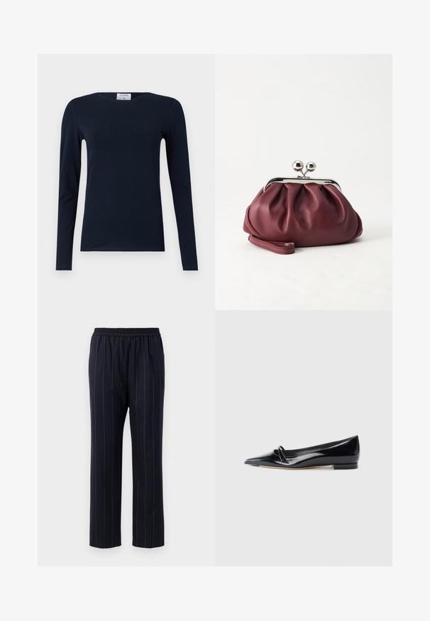 Camiseta de manga larga en color navy, hecha de algodón suave. Presenta un cuello redondo, un ajuste slim y un bajo regular sin patrones ni acentos visibles.; Pantalones de color azul marino con rayas verticales, cinturilla elástica, diseño de pierna recta, textura suave y sin bolsillos visibles.; Zapato plano de charol negro con punta afilada, pequeña tira decorativa y tacón bajo. Textura suave y diseño elegante.; Pequeño bolso de mano de cuero burdeos con cierre metálico plateado y correa de muñeca sobre un fondo blanco.