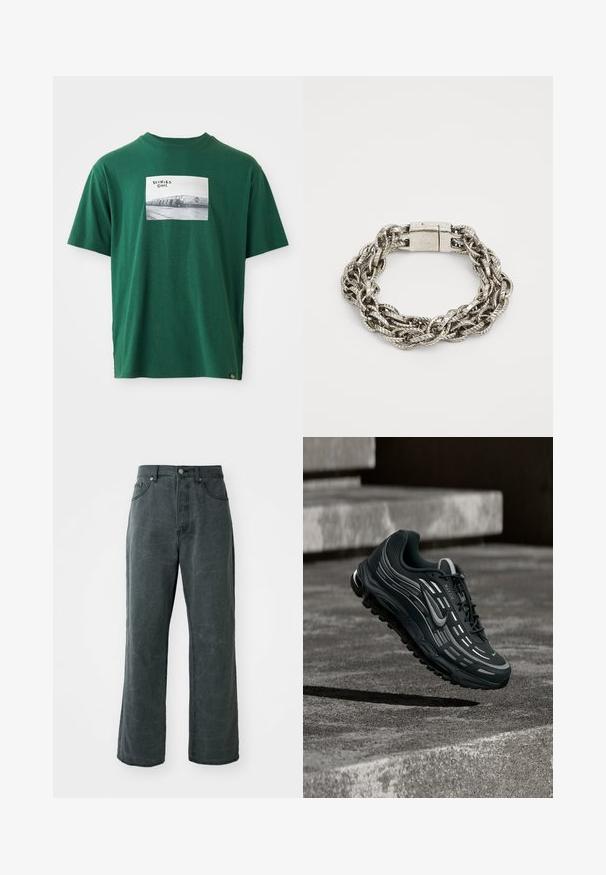 Grøn bomulds t-shirt med korte ærmer, der har et kvadratisk grafikprint af et sort-hvidt foto og logo på forsiden.; Bredde ben mørkegrå jeans lavet af denim, med høj talje, fem-lomme design og en subtil distressed tekstur.; Sort og grå Nike Air Max sneaker, der flyder over grå betontrin med tekstureret jordbaggrund.; Sølv metal kædearmbånd med fletdesign og teksturerede tråde samt en lås. Glat finish med reflekterende overflader.