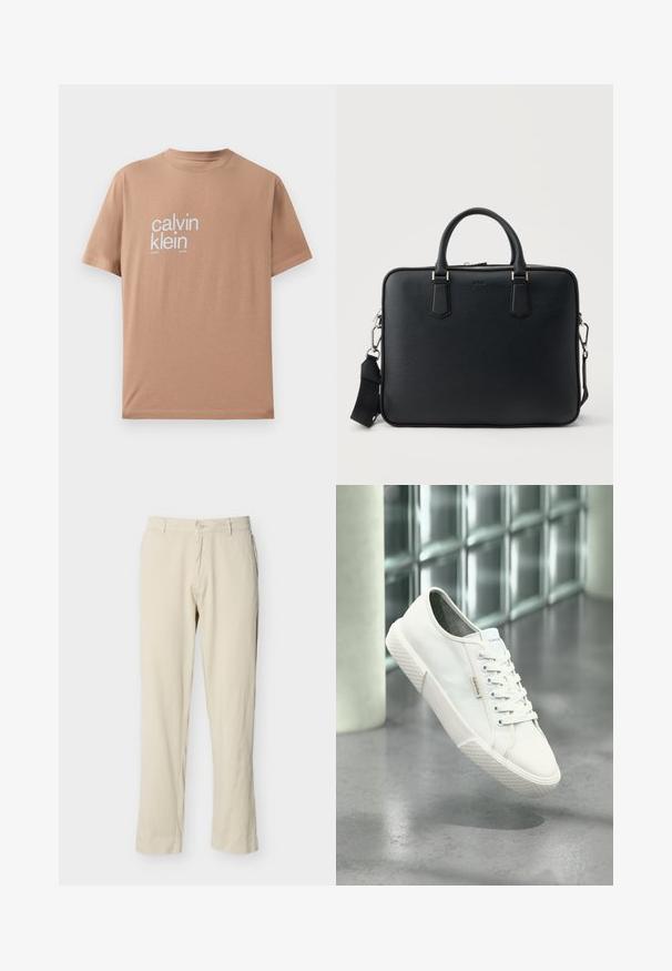 Camiseta de manga corta en tela de algodón marrón claro, con gran texto blanco "calvin klein" en el frente y diseño de cuello redondo.; Pantalones beige de corte recto con trabillas para cinturón, cierre de botón y bolsillos frontales, mostrados sobre un fondo blanco liso.; Zapatilla baja blanca de Calvin Klein con cordones, suela de goma y etiqueta con el logo flotando sobre un suelo pulido gris cerca de una pared de bloques de vidrio.; Maletín negro de cuero texturizado con dos asas y una correa de hombro desmontable, con cremallera plateada y herrajes metálicos.