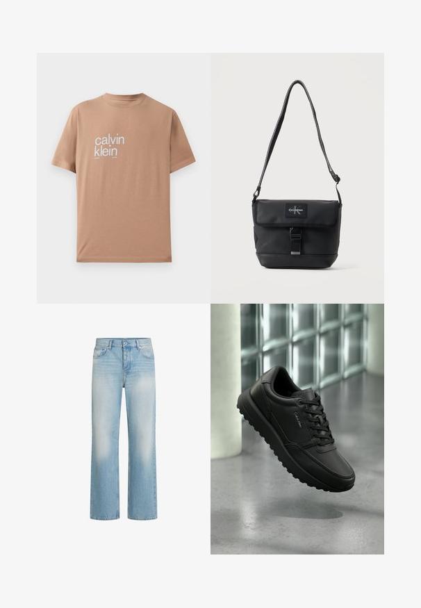 Camiseta de manga corta en tela de algodón marrón claro, con gran texto blanco "calvin klein" en el frente y diseño de cuello redondo.; Jeans de mezclilla azul claro con un diseño de pierna recta, detalles de desgaste, estilo de cinco bolsillos, cierre de botón y presillas para cinturón en la cintura.; Zapatilla negra de cuero Calvin Klein con cordones, suela robusta, flotando sobre un suelo de hormigón pulido con fondo de pared de bloques de vidrio.; Bolso de hombro negro Calvin Klein con correa ajustable, solapa frontal, cierre de hebilla y parche visible con el logo de la marca.