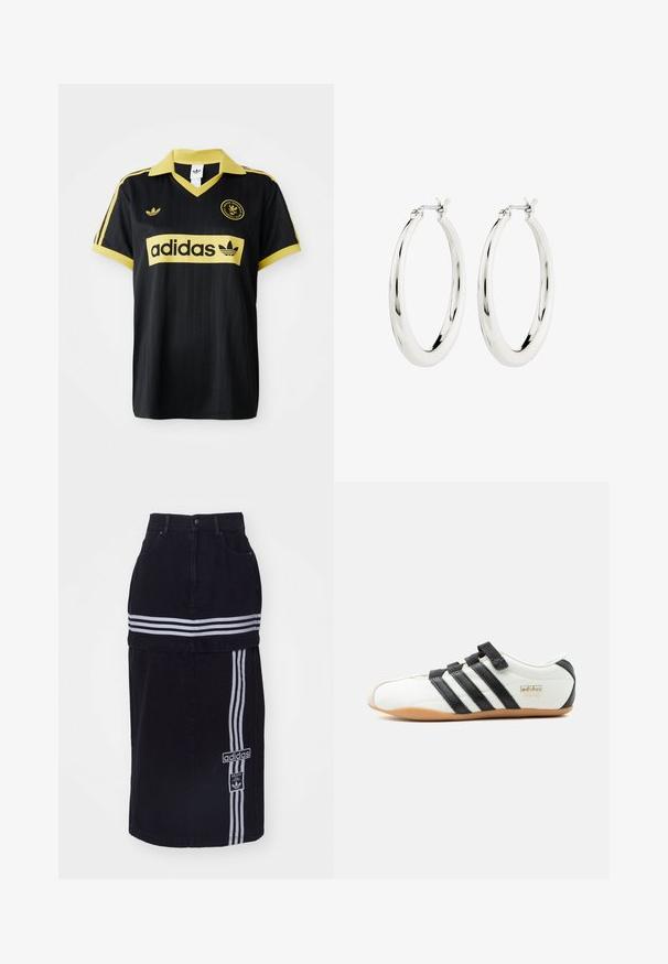 Zwarte sporttrui met gele accenten, voorzien van een gestreept ontwerp, een V-hals kraag en het adidas-logo dat prominent op de borst is weergegeven.; Zwarte spijkerrok met een hoge taille, voorzien van twee witte horizontale strepen, een Adidas logo tag aan de zijkant en een recht gesneden ontwerp.; Witte Adidas Tokyo sneaker met zwarte strepen, zwarte klittenbandsluitingen en een gumzool, zijaanzicht op een witte achtergrond.; Zilveren oorbellen in de vorm van een gladde, glanzende ring. Circulaire vorm, voorzien van een veilige sluiting. Eenvoudig en elegant ontwerp.