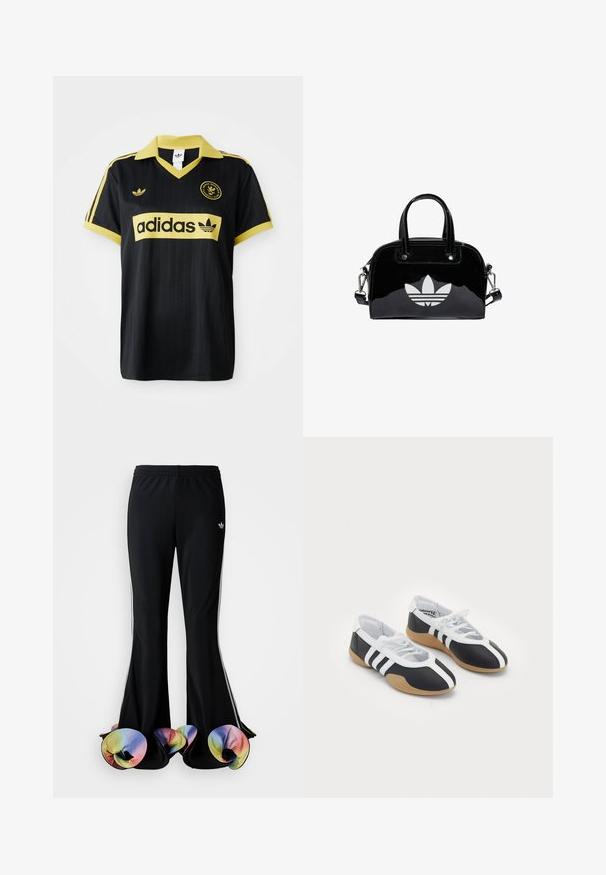 Čierny športový dres s žltými akcentmi, s pruhovaným dizajnom, v golieri vo forme písmena V a s logom adidas zreteľne zobrazeným na hrudi.; Čierne športové nohavice s širokým rozšíreným strihom. Majú farebné, volánkové spodné okraje a biele bočné pruhy. Vyrobené z elastického materiálu.; Čierne a biele športové topánky s elegantným dizajnom, gumovou podrážkou, šnurovaním a tromi bielymi prúžkami na bokoch.; Čierna lakovaná kožená kabelka s okrúhlym tvarom, dvojitými hornými rúčkami, striebornými akcentmi a výrazným bielym logom na prednej strane.