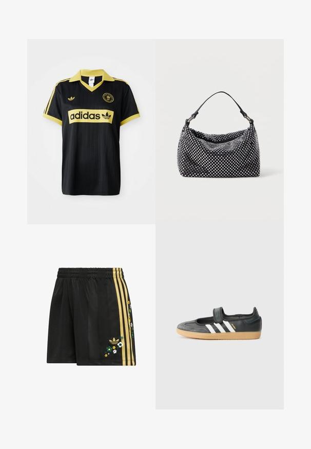 Maillot de sport noir avec des accents jaunes, présentant un design rayé, un col en V, et le logo adidas affiché en évidence sur la poitrine.; Shorts de sport noirs avec une ceinture élastique, arborant trois bandes dorées sur le côté et une broderie florale multicolore.; Sneaker en cuir noir et suède avec une sangle Velcro, arborant trois bandes blanches et une semelle en caoutchouc, étiqueté "SAMBA" sur le côté.; Sac noir et argent avec une surface tissée et texturée présentant des motifs carrés, une seule poignée supérieure et un design décontracté.