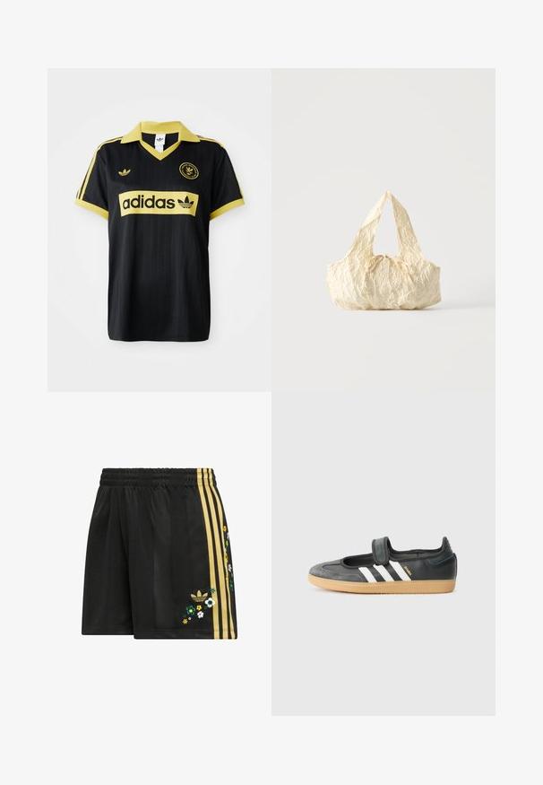 Čierny športový dres s žltými akcentmi, s pruhovaným dizajnom, v golieri vo forme písmena V a s logom adidas zreteľne zobrazeným na hrudi.; Čierne športové šortky s elastickým pásom, s tromi zlatými pruhmi na boku a kvetinovou výšivkou v rôznych farbách.; Čierne kožené a zamšové tenisky s Velcro pásikom, s tromi bielymi pruhmi a gumenou podrážkou, označené nápisom "SAMBA" na boku.; Kabelka z krémovej textúrovanej látky s hornými rúčkami a malým viazaným mašľovým detailom v strede prednej časti.