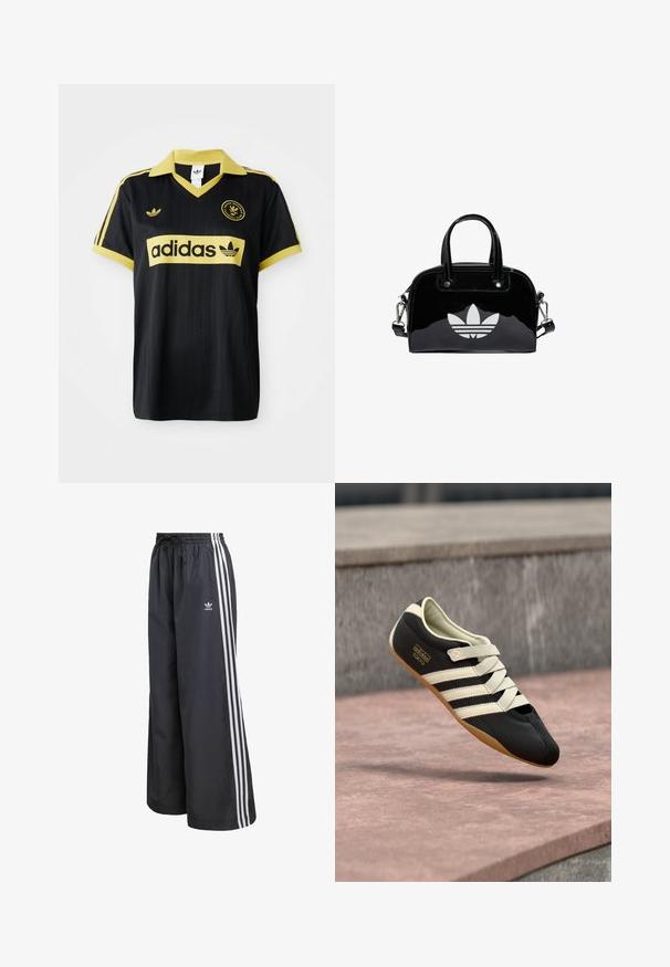 Maillot de sport noir avec des accents jaunes, présentant un design rayé, un col en V, et le logo adidas affiché en évidence sur la poitrine.; Pantalon de sport noir en matière légère, avec trois bandes blanches verticales et une taille élastique munie d'un cordon de serrage.; Chaussure de sport noire avec des rayures et des lacets crème, présentant un profil bas, une texture lisse et une semelle en caoutchouc pour une bonne adhérence. Étiquette de la marque visible.; Sac à main en cuir verni noir de forme arrondie, avec des poignées supérieures doubles, des accents argentés et un logo blanc proéminent à l'avant.