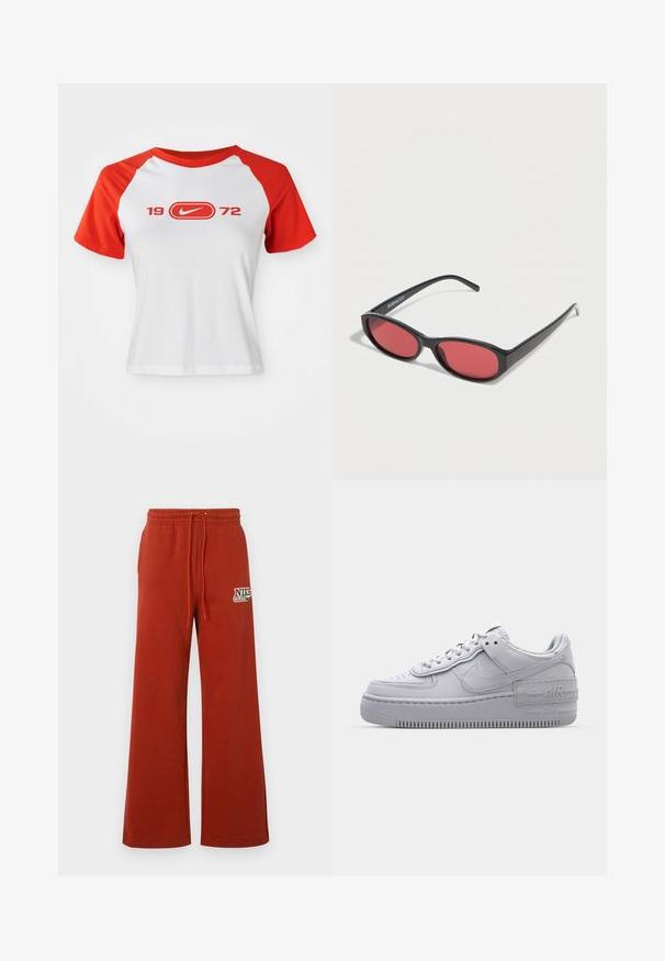 T-shirt Nike avec un corps blanc et des manches raglan rouges. Présente "1972" et un logo en rouge sur la poitrine. Fabriqué en tissu jersey lisse.; Pantalon de survêtement rouge à jambes larges avec une taille élastique et un cordon de serrage. Présente un logo Nike imprimé sur le côté gauche. Texture douce, design décontracté.; Basket en cuir lisse gris Nike Air Force 1 avec un bout perforé, une semelle épaisse et un détail 'AIR' en relief sur le talon.; Lunettes de soleil ovales noires avec des branches fines et des verres teintés rouges posées sur une surface blanche.