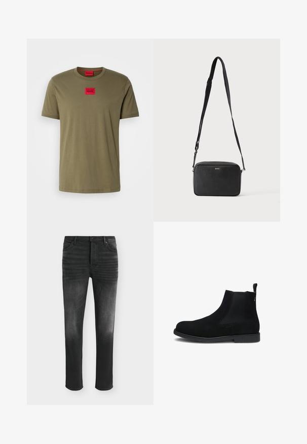 Olivegrünes Baumwoll-T-Shirt mit Rundhals, kurzen Ärmeln und einem roten quadratischen Logo-Patch auf der Brust. Glatte Textur.; Schwarze Skinny-Jeans mit ausgebleichten Details, Fünf-Taschen-Stil und Knopfverschluss in der Taille.; Schwarzer Wildleder-Chelsea-Stiefel mit elastischen Seitenteilen, Zuglasche hinten und flacher, strukturierter Sohle.; Schwarze rechteckige Umhängetasche mit verstellbarem Riemen und BOSS-Logo auf der Vorderseite, vor einem einfarbigen hellen Hintergrund.