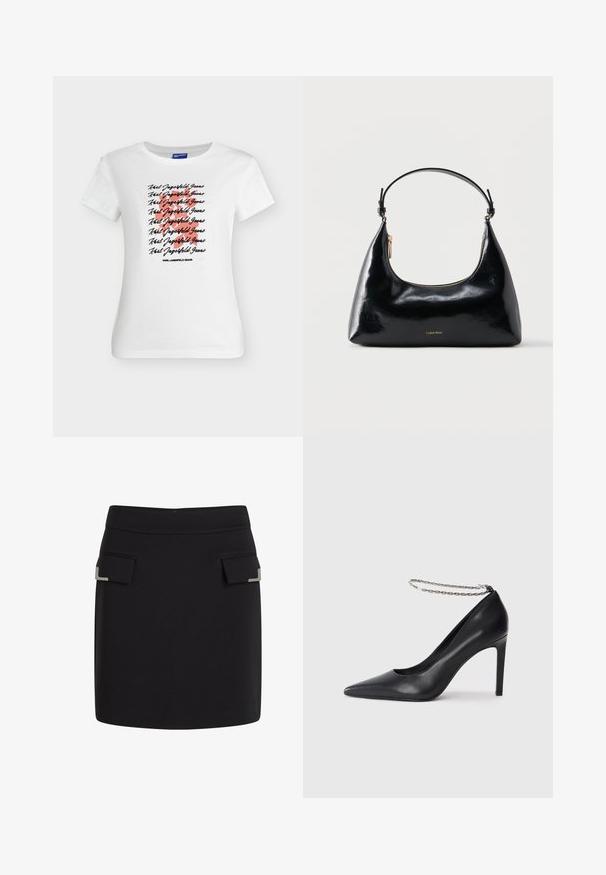 Λευκό T-shirt με κοντά μανίκια που διαθέτει επαναλαμβανόμενο μαύρο καλλιγραφικό κείμενο "Karl Lagerfeld Jeans" πάνω από ένα μεγάλο κόκκινο ερωτηματικό μπροστά.; Μαύρη μίνι φούστα με δύο μπροστινές τσέπες με καπάκι, καθεμία με μια μικρή ασημένια διακοσμητική λεπτομέρεια στην γωνία.; Μαύρο δερμάτινο ψηλοτάκουνο παπούτσι με μυτερή μύτη, που διαθέτει λεπτό αλυσίδα αστραγάλου σε ασημί χρώμα και κομψή, λεία υφή.; Μαύρη γυαλιστερή τσάντα Calvin Klein με χρυστό φερμουάρ και κοντό λουρί σε απλό λευκό φόντο.