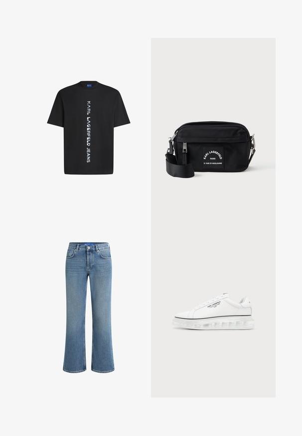 Black cotton t-shirt featuring vertical white text reading "KARL LAGERFELD JEANS." Classic crew neck and short sleeves. Smooth texture.; Light blue denim flared jeans with a mid-rise waist, five-pocket design, and a subtle, textured surface, featuring a standard button closure.; White Karl Lagerfeld sneaker with black text logo and transparent thick sole on a plain light background.; Black nylon crossbody bag with zip closure, adjustable strap, and a white branded patch featuring "Karl Lagerfeld Paris." Compact design.