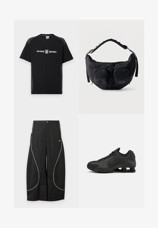 Zwart Nike Shox T-shirt met korte mouwen, met een reflecterend logo aan de voorkant en contrasterende grijze zijpanelen. Soepele textuur.; Zwarte wijde Nike-broek met neon groene gebogen biezen en klein Nike-swoosh-logo op de rechterdij, knoop- en ritssluiting in de taille.; Zwarte hardloopschoenen met een glad bovenwerk van synthetisch materiaal, geperforeerde accenten, gestructureerde zijpanelen en een opvallende veerkrachtige zool.; Zwarte schoudertas in halve maanvorm met gevoerde verstelbare riem en twee voorvakken met rits en trekbandjes.