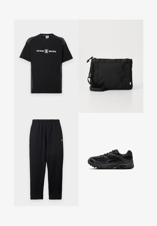 Μαύρο T-shirt Nike Shox με κοντά μανίκια, που διαθέτει ανακλαστικό λογότυπο μπροστά και αντίθετες γκρι πλευρικές επιφάνειες. Λείο υλικό.; Μαύρο παντελόνι φόρμας με ελαστική μέση, με μικρό λευκό λογότυπο στην αριστερή πλευρά. Κατασκευασμένο από απαλό, ελαφρύ ύφασμα. Σχεδιασμός με ίσια γραμμή στα πόδια.; Μαύρο και σκούρο γκρι αθλητικό παπούτσι Nike με ύφασμα mesh, επενδύσεις από σουέντ, μαξιλαρωμένη σόλα και ορατές μονάδες αέρα στη φτέρνα και στο μπροστινό μέρος του ποδιού.; Μαύρη τσάντα ώμου από ύφασμα με υφή στην εξωτερική επιφάνεια, ρυθμιζόμενο λουρί και κλείσιμο με κορδόνι. Διαθέτει έντονη ραφή και ετικέτα στο πλάι.