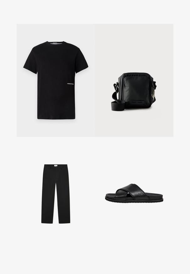 T-shirt en coton noir avec un col rond et des manches courtes, arborant le logo "weekend offender" brodé en blanc sur le côté.; Pantalons noirs ajustés en tissu lisse. Présentent une fermeture à bouton, des passants de ceinture et des poches sur les côtés. Design à jambes droites sans ornements.; Sandale en cuir noir à enfiler, avec des brides croisées, une semelle basse et un petit logo embossé sur le côté extérieur.; Petit sac bandoulière noir compact avec poche zippée à l'avant, bandoulière réglable et tissu texturé sur fond uni.