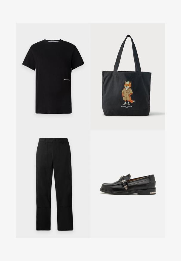 T-shirt en coton noir avec un col rond et des manches courtes, arborant le logo "weekend offender" brodé en blanc sur le côté.; Pantalons noirs en tissu lisse, avec un devant plat, deux poches avant et une coupe droite agrémentée de détails de couture discrets.; Mocassin en cuir noir avec des garnitures décoratives en métal argenté, un dessus de style mocassin, des coutures détaillées et un talon empilé.; Sac fourre-tout noir avec deux anses, présentant une illustration d'un renard portant un chapeau et un short, avec le texte « Maison Kitsuné Paris » en dessous.