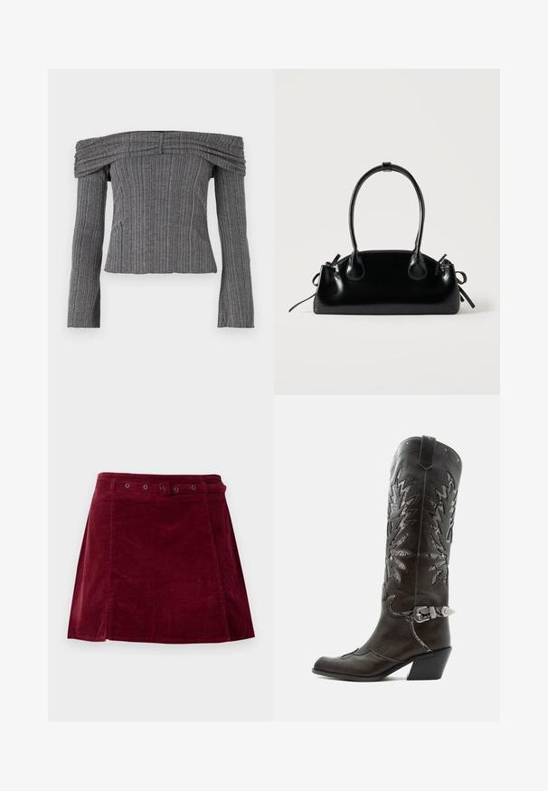 Off-the-shoulder top i tekstureret grå stof med lodrette striber, der har lange ærmer og sammensyning langs halsudskæringen.; Mørkerød kordnederdel med matchende bælte og metaløjer, med en let A-form og frontpaneldetalje.; Sort læder cowboystøvle med dekorative udskæringer, sølvspænde og skrå hæl, vist på hvid baggrund.; Lille sort blank håndtaske med to lange håndtag og snøre-detaljer i siden på en ensfarvet lys baggrund.