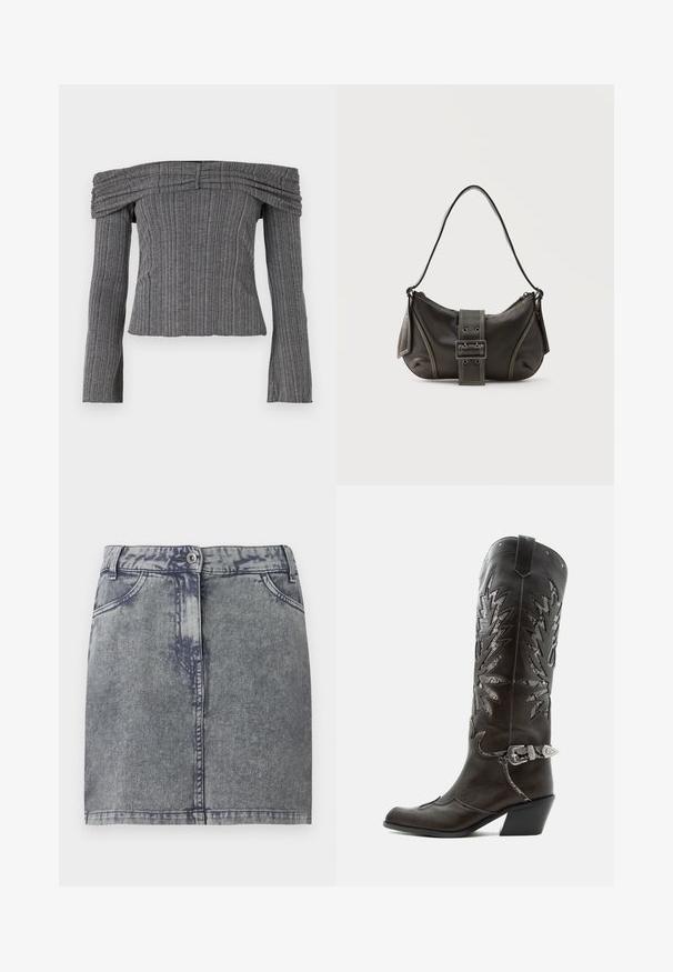 Haut décolleté en tissu gris texturé avec des rayures verticales, présentant des manches longues et des détails froncés le long de l'encolure.; Jupe en denim grise à délavage fondu, avec poches avant, fermeture par bouton et ourlet droit. Tissu texturé.; Botte de cowboy en cuir noir avec découpes décoratives, boucle argentée et talon incliné, présentée sur fond blanc.; Sac à épaule en cuir noir avec une sangle à boucle, des bords arrondis et des coutures blanches contrastées sur un fond uni.