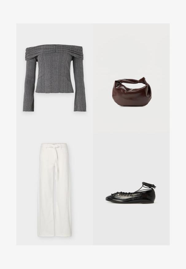 Off-the-shoulder top i tekstureret grå stof med lodrette striber, der har lange ærmer og sammensyning langs halsudskæringen.; Hvide bukser med brede ben, frontlommer og et stofbælte bundet i taljen, vist på en ensfarvet baggrund.; Sorte balletflade sko i laklæder med rundet tå, snørelukning og flad sål. Glat tekstur med få detaljer.; Mørkebrun læder skuldertaske med en blød, afslappet form og et snoet knudehåndtag på en ensartet hvid baggrund.