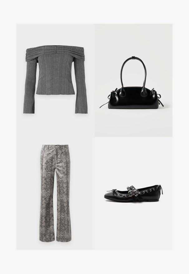 Haut décolleté en tissu gris texturé avec des rayures verticales, présentant des manches longues et des détails froncés le long de l'encolure.; Pantalons droits avec un motif en serpent noir et gris et une fermeture à bouton sur un fond blanc.; Chaussure de ballet plate noire avec doubles brides à boucle, œillets argentés et petit nœud près de l’orteil arrondi sur fond blanc.; Petit sac à main noir brillant avec deux longues anses et des détails à cordon sur les côtés sur un fond clair uni.