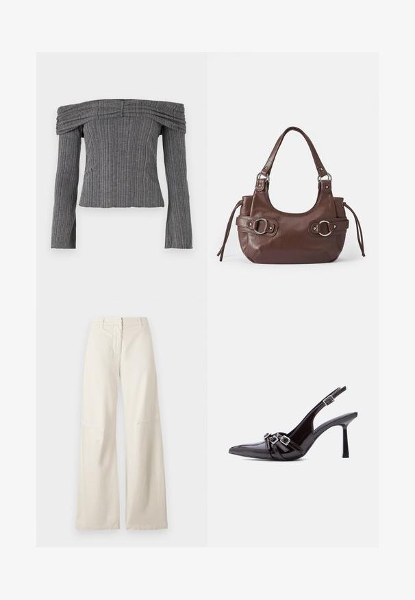 Off-the-shoulder top i tekstureret grå stof med lodrette striber, der har lange ærmer og sammensyning langs halsudskæringen.; Vide benbukser i et cremefarvet bomuldsstof. Har høj talje, struktureret design og minimal syning. Flad front med lommer.; Sort slingback højhælet sko i laklæder med spids tå og tre dekorative spænder over vristen.; Brun læderhåndtaske med rund form, sølvhardware, to sideskuldre og en glat tekstur. Har en enkelt toppen håndtag.