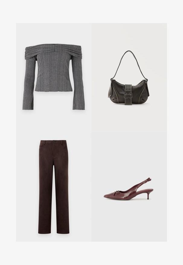 Off-the-shoulder top i tekstureret grå stof med lodrette striber, der har lange ærmer og sammensyning langs halsudskæringen.; Mørkebrun suedebukser med lige ben, frontknap og lynlås, bæltesløjfer og sidelommer.; Bordeaux læder slingback hæl med spidse tå, justerbar rem og dekorativ sløjfedetalje foran. 7,5 cm hælhøjde.; Sort læder skuldertaske med spænde på remmen, afrundede kanter og kontrasterende hvide syninger på en ensfarvet baggrund.