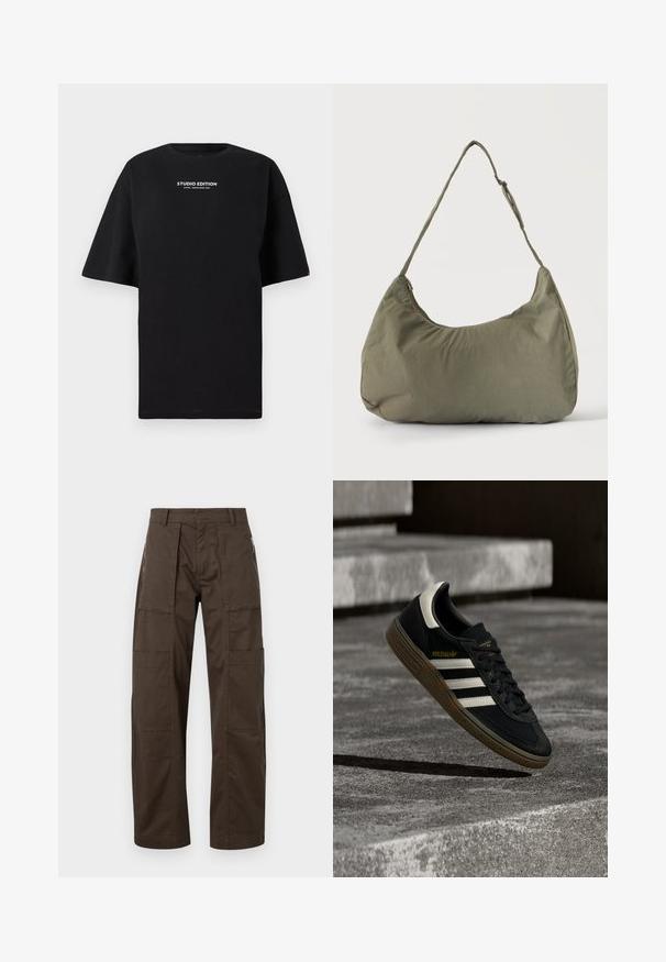 T-shirt noir surdimensionné en coton, avec un col rond et des manches courtes, portant l'inscription "ÉDITION STUDIO" en blanc.; Pantalons cargo marron en tissu robuste, dotés de plusieurs poches, d'une coupe décontractée et de coutures proéminentes pour plus de durabilité.; Baskets Adidas noires avec des bandes blanches et une semelle en gomme flottant au-dessus d'escaliers en béton gris sous une lumière naturelle.; Sac à épaule en tissu doux vert olive avec fermeture éclair et bandoulière réglable sur un fond uni clair.