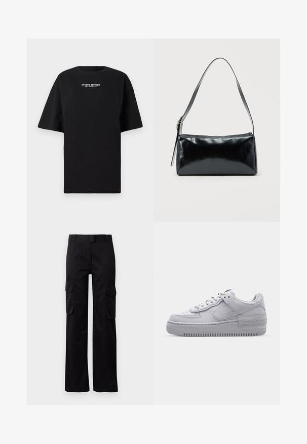 T-shirt noir surdimensionné en coton, avec un col rond et des manches courtes, portant l'inscription "ÉDITION STUDIO" en blanc.; Pantalons cargo noirs en tissu durable, avec deux poches latérales et une coupe droite. Texture lisse avec une coupe classique.; Basket en cuir lisse gris Nike Air Force 1 avec un bout perforé, une semelle épaisse et un détail 'AIR' en relief sur le talon.; Sac d'épaule rectangulaire noir avec une sangle réglable unique et une fermeture éclair supérieure sur un fond uni.