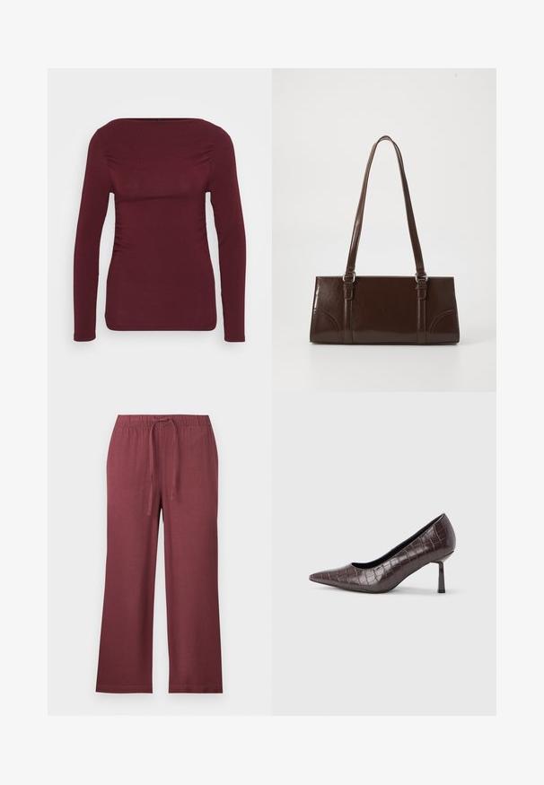 Bordeaux lange mouw top gemaakt van zachte stof, met een vierkante halslijn en zijschuring voor een aansluitend ontwerp. Soepele textuur zonder patronen.; ONLY Petite ONLGOA PULL UP CULOTTE - Broek - rose brown; Bruine nepleren pumps met een puntige neus en krokodillenstructuur, voorzien van een slanke, hoekige hak en een gladde binnenvoering.; Bruine lakleren handtas met een rechthoekige vorm, twee lange handvatten en subtiele gebogen accenten aan de voorkant.