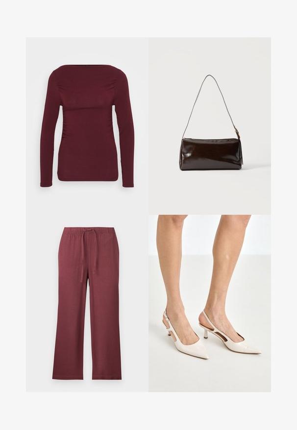 Top de manga larga burdeos, fabricado con tejido suave, que presenta un escote cuadrado y fruncidos laterales para un diseño ajustado. Textura lisa sin patrones.; ONLY Petite ONLGOA PULL UP CULOTTE - Pantalones - rose brown; Tacones slingback de charol beige con punta afilada y un tacón de 5 cm, con lados recortados y una delgada correa en el tobillo.; Bolso de hombro rectangular de cuero marrón oscuro con una única correa delgada y hebilla dorada sobre un fondo liso.