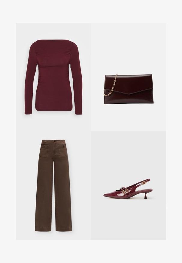 Top de manga larga burdeos, fabricado con tejido suave, que presenta un escote cuadrado y fruncidos laterales para un diseño ajustado. Textura lisa sin patrones.; Pantalones marrones de pierna ancha y talle alto con dos bolsillos delanteros con solapa asegurados con botones sobre un fondo liso.; Zapato de charol burdeos tipo slingback con puntera puntiaguda, dos tiras planas con hebillas doradas y un tacón bajo.; Bolso de mano de cuero en burdeos oscuro con diseño de sobre. Presenta una cadena dorada, textura suave y cierre en forma de punta.