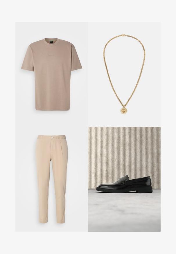 Camiseta de algodón suave color beige con mangas cortas y cuello redondo, que presenta un logo bordado de "BOSS" en el pecho.; Pantalones beige de corte slim, hechos de material tejido. Presentan un cierre de botón único, frente con pliegues y piernas rectas.; Zapato loafer de cuero negro pulido flotando sobre una alfombra beige con muebles translúcidos naranjas de fondo.; Collar de colgante de oro con un diseño de cadena, que presenta un motivo circular de brújula. La cadena tiene una textura con eslabones entrelazados.