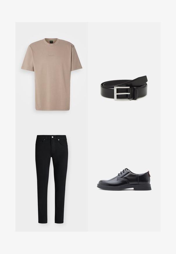 T-shirt beige à manches courtes en coton doux avec un col rond, affichant un logo "BOSS" brodé sur la poitrine.; Jean slim noir avec poches avant, passants de ceinture, fermeture par bouton et braguette zippée sur fond blanc.; Chaussures en cuir noir à lacets avec une texture lisse, un bout arrondi et des détails de couture discrets. Présentent une languette rouge à l'arrière.; Ceinture en cuir noir avec une finition brillante ; elle présente une boucle en métal argenté avec un design à cadre rectangulaire et des bords lisses.