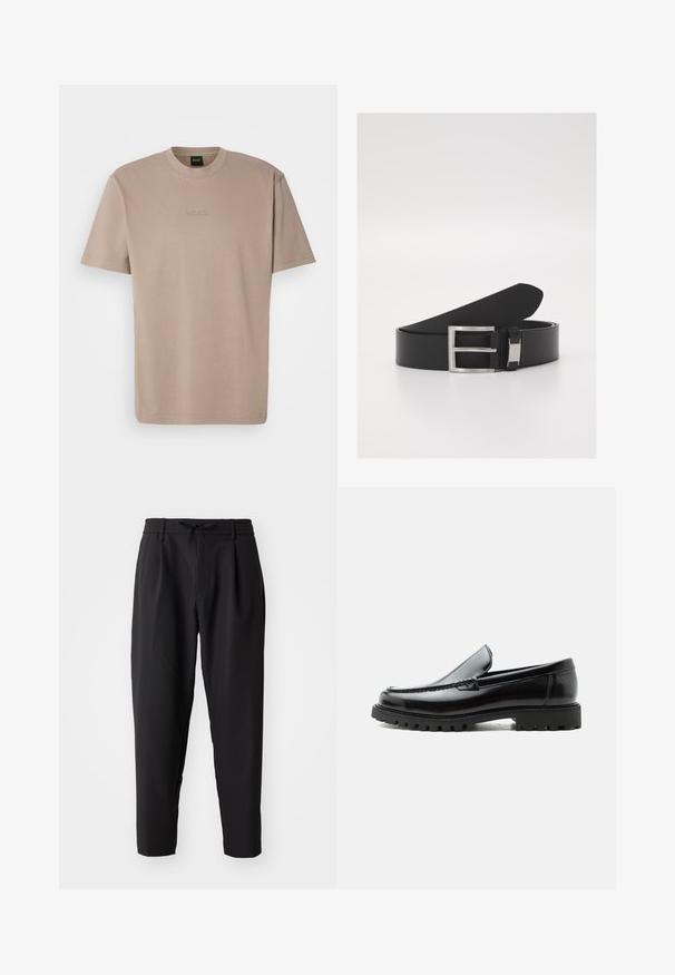 T-shirt beige à manches courtes en coton doux avec un col rond, affichant un logo "BOSS" brodé sur la poitrine.; Pantalons noirs fuselés avec une taille élastique et un cordon de serrage. Tissu lisse avec une texture légère, présentant des plis et des poches latérales.; Mocassin en cuir noir avec semelle en caoutchouc épaisse, dessus cousu et nom de marque embossé sur le talon, présenté de profil sur fond blanc.; Ceinture en cuir noir avec une texture lisse et élégante, dotée d'une boucle en métal argenté et d'un détail de marque subtil.