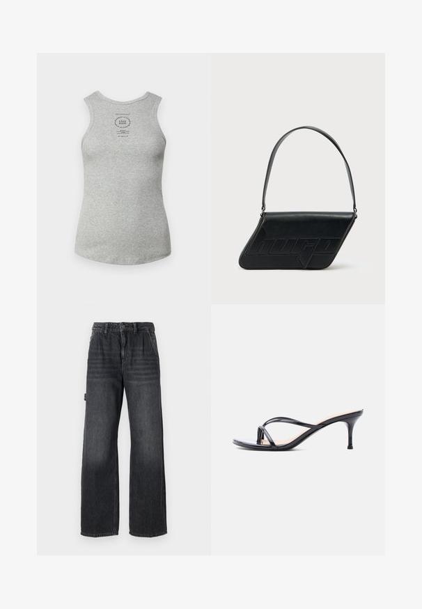 Débardeur en coton gris avec un col rond, sans manches et une étiquette imprimée au centre. Texture lisse et coupe ajustée.; Jean large en denim gris foncé, avec une taille haute, des poches avant et un léger délavage sur les cuisses. Détail de couture contrastée.; Sandale à talon en cuir verni noir avec fines lanières croisées et talon aiguille moyen et élancé sur fond blanc.; Sac d'épaule en cuir noir de forme triangulaire, avec un logo embossé et une seule bandoulière réglable. Design minimaliste avec une texture lisse.