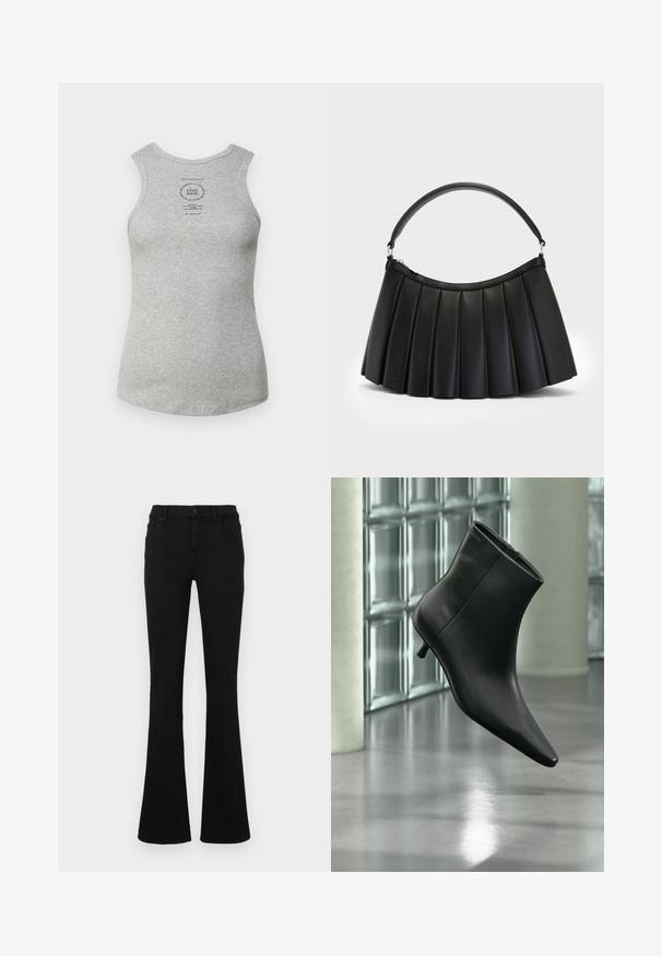 Débardeur en coton gris avec un col rond, sans manches et une étiquette imprimée au centre. Texture lisse et coupe ajustée.; Jean noir évasé en tissu mélange de coton. Il possède une fermeture à boutons, des passants pour ceinture et des poches avant. Texture lisse avec une légère élasticité.; Bottine en cuir noir à bout pointu et petit talon kitten, présentée en angle devant un sol poli et un mur en blocs de verre.; Sac noir plissé en simili cuir, avec une anse incurvée et une fermeture éclair sur le dessus. Texture lisse avec un design structuré.