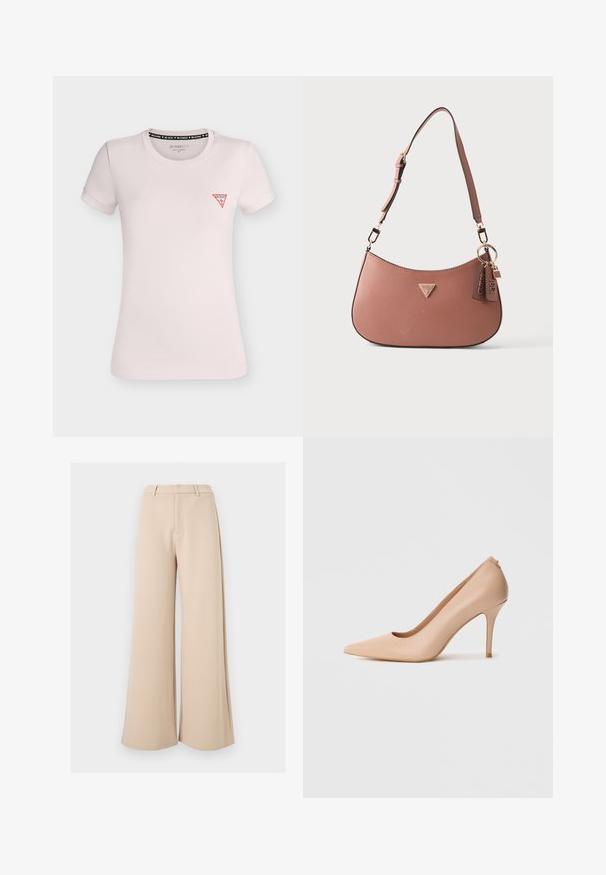 T-shirt ajusté rose clair à manches courtes, col rond et petit logo triangle rouge Guess sur la poitrine gauche.; Pantalon large beige taille haute avec passants pour ceinture et fermeture avant dissimulée sur fond blanc.; Escarpin à talon haut en cuir beige avec un bout pointu, une texture lisse et un talon aiguille fin. Design minimaliste avec un style à enfiler.; Sac à épaule marron texturé avec bandoulière réglable, logo triangulaire Guess sur le devant, et deux étiquettes en cuir de marque suspendues à un anneau doré.