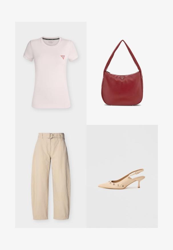 T-shirt ajusté rose clair à manches courtes, col rond et petit logo triangle rouge Guess sur la poitrine gauche.; Pantalon beige à jambes larges en coton, doté d'une taille ceinturée avec une boucle ronde en métal, de poches latérales et d'une texture lisse.; Escarpin beige à bride arrière avec un bout pointu, présentant une découpe arrondie et des accents décoratifs argentés le long de l'encolure. Talon aiguille.; Sac hobo en cuir rouge avec une texture lisse, une seule bandoulière incurvée et un accent logo en métal sur le devant. Il dispose d'une fermeture à glissière.